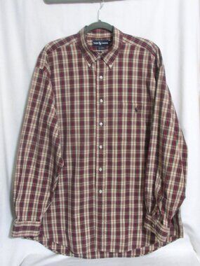 New Mens RALPH LAUREN Red Beige Blue & Black Plaid 100% Cotton Down Shirt XL